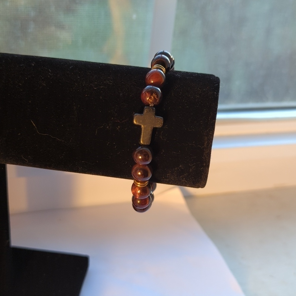 Bracelet Anklet stones brown green stone cross, stretch